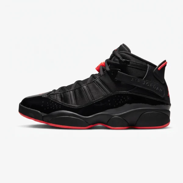 Jordan 6 Rings Black Infrared, vista lateral completa com pele envernizada e correias
