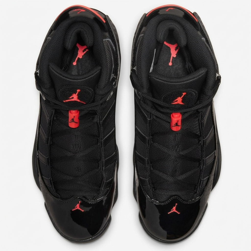 Jordan 6 Rings Black Infrared — vista superior Par de Jordan 6 Rings Black Infrared visto de cima com correias e Jumpman vermelho