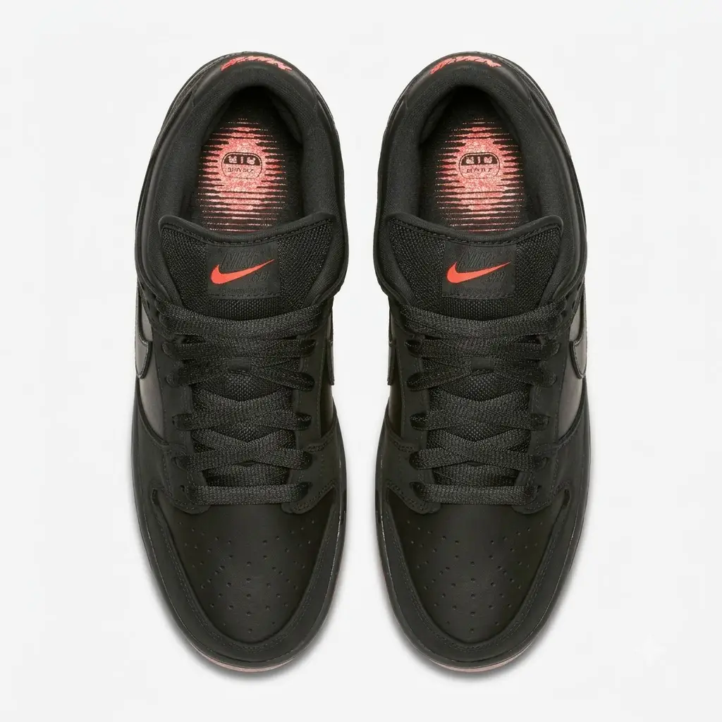 nike sb dunk low black pigeon — vista superior Nike SB Dunk Low Black Pigeon vista superior com upper preto e língua acolchoada