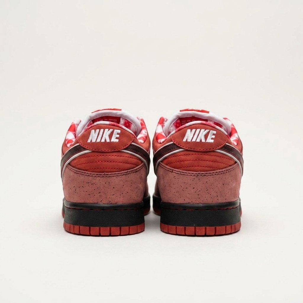Nike SB Dunk Low Red Lobster — detalhe do swoosh Detalhe do swoosh em pele bordô do Nike SB Dunk Low Red Lobster