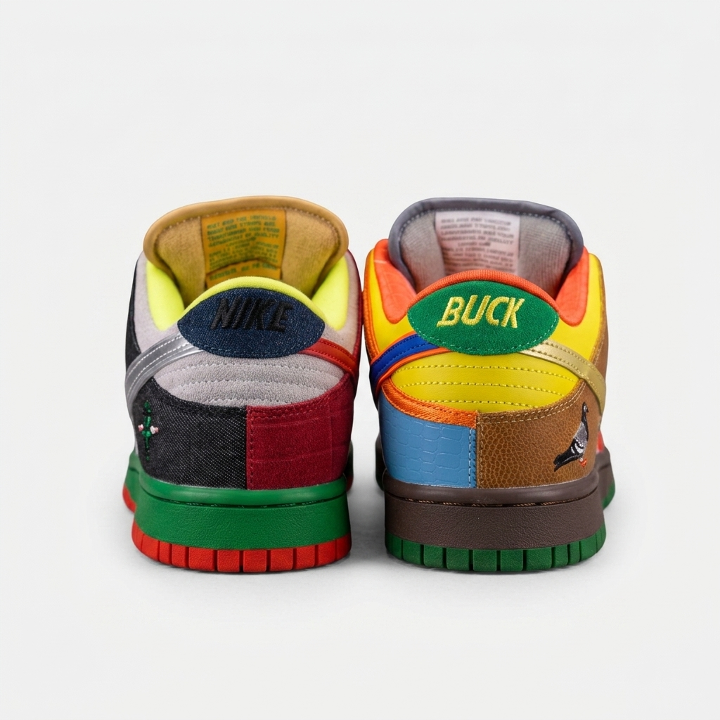 nike sb dunk low what the dunk — detalhe do número 23 Perspetiva frontal do modelo, destacando os atacadores vermelhos, a língueta dourada e o contraste entre os vários painéis da haste.