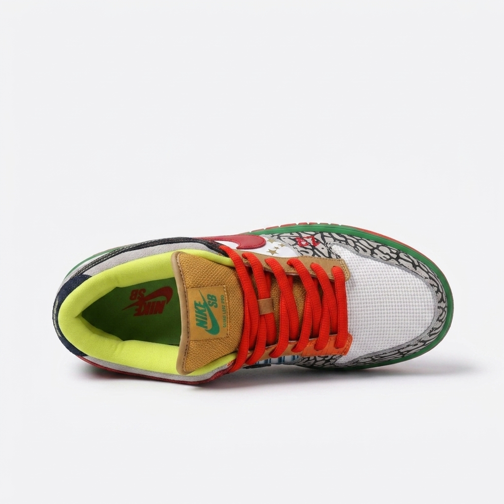 nike sb dunk low what the dunk — detalhe do painel em ganga A estrela vermelha e o pequeno logótipo verde acrescentam camadas extra de referência ao design.