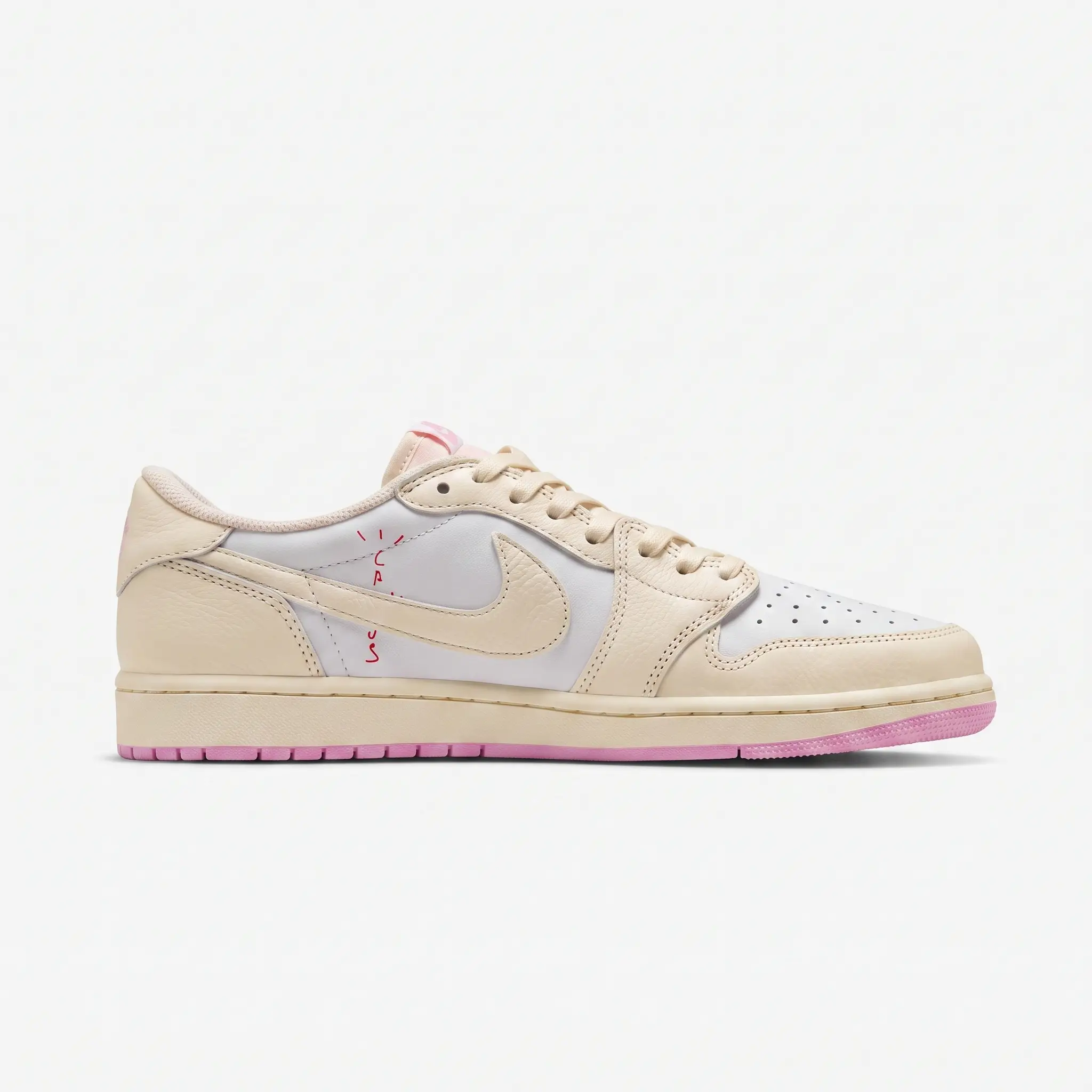 Air Jordan 1 Low Cactus Jack Shy Pink — Bordado Cactus Par de air jordan 1 low cactus jack rosa vista frontal