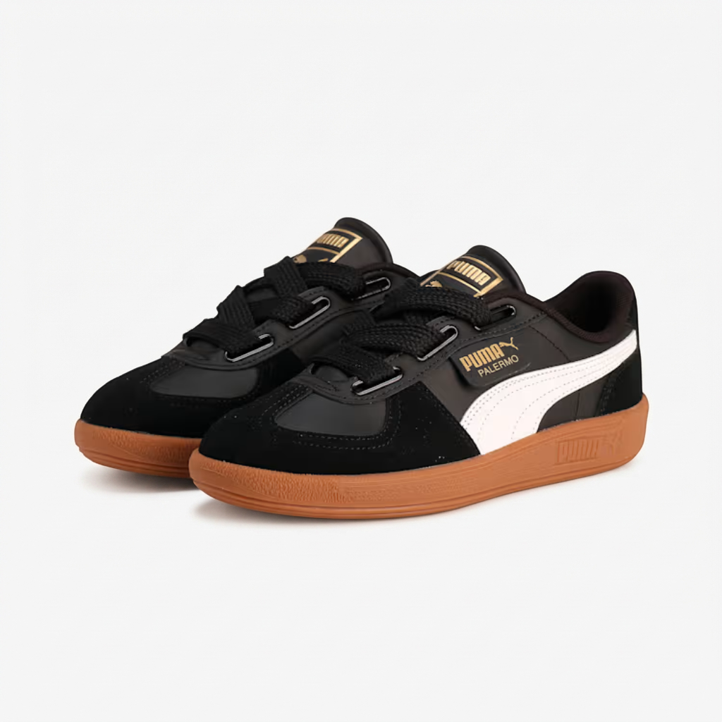 par de ténis puma palermo preto e branco Par de ténis Puma Palermo preto e branco com etiqueta dourada Palermo