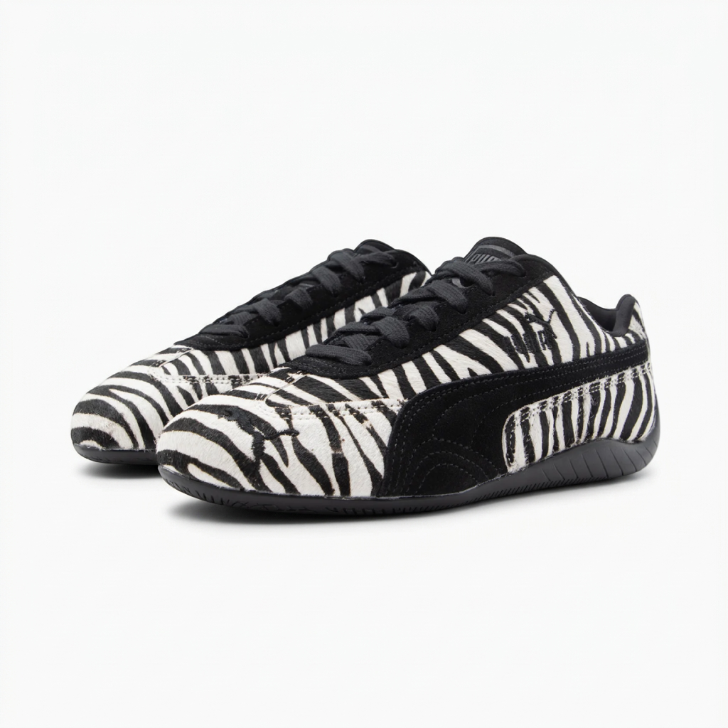 Vista frontal do ténis Puma Speedcat Zebra Vista frontal 3/4 do ténis Puma Speedcat Zebra com Formstrip preto