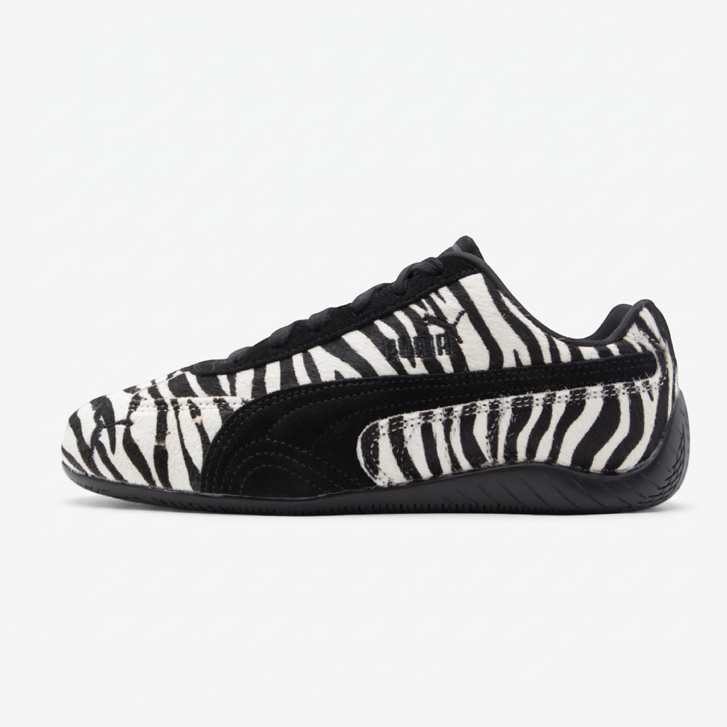 Ténis Puma Speedcat Zebra — perfil completo Vista lateral do ténis Puma Speedcat Zebra com logótipo Puma e sola preta