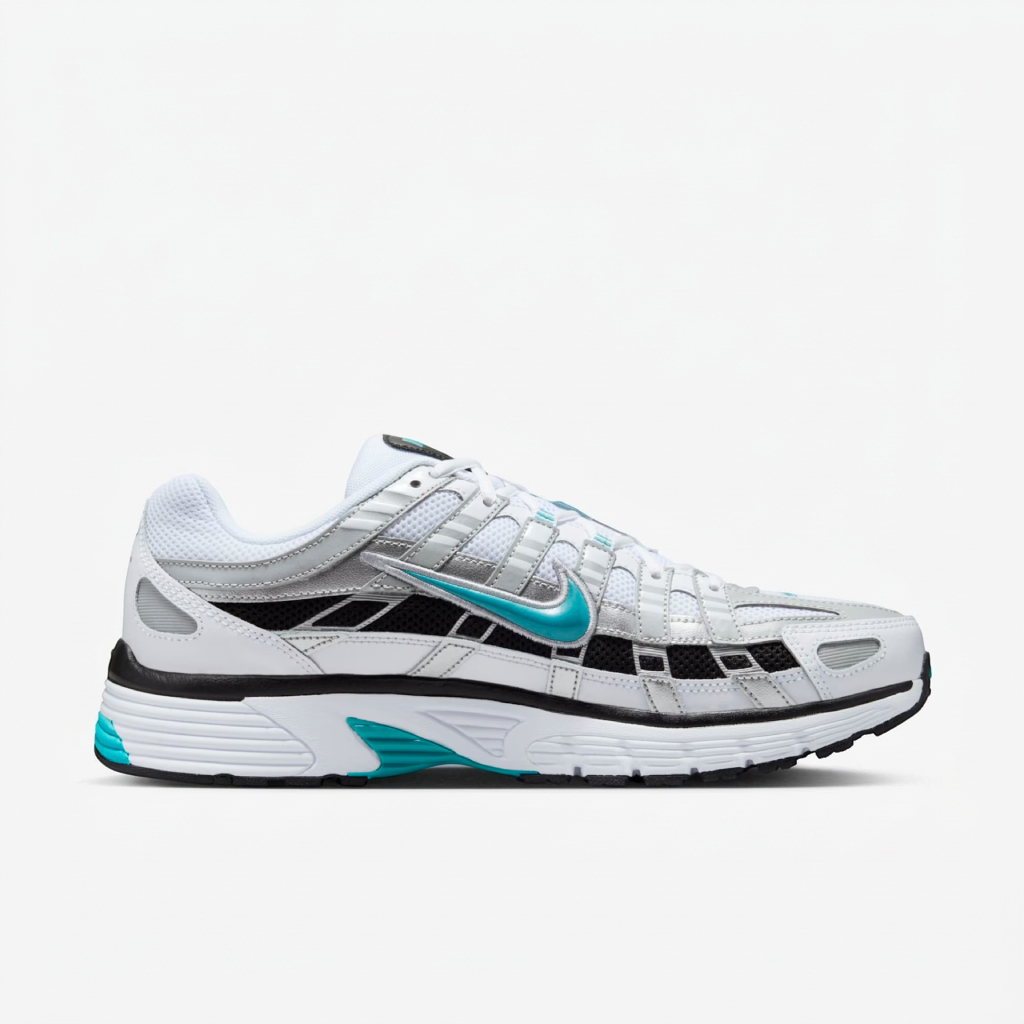 vista lateral do nike p 6000 branco e turquesa Ténis Nike P-6000 branco, prateado e turquesa em vista lateral