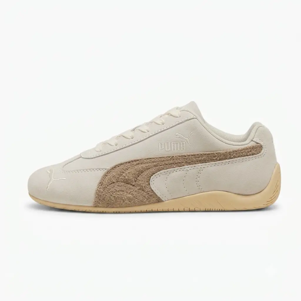 uma speedcat off white bege Puma Speedcat Off-White Bege textura felpuda vista lateral