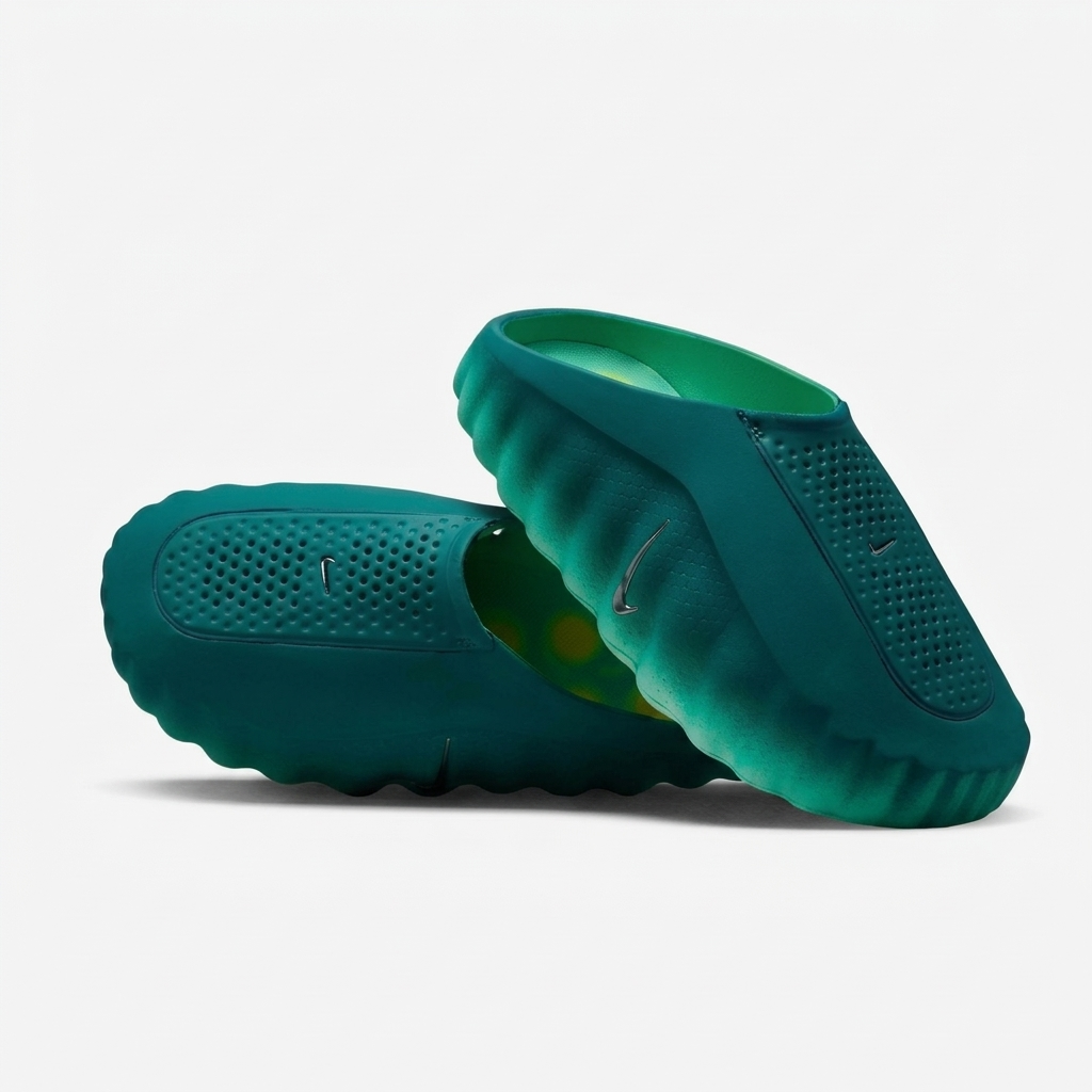 nike mind 001 slides vista completa Par de chinelos Nike Mind 001 Geode Teal com interior verde e padrão de pods