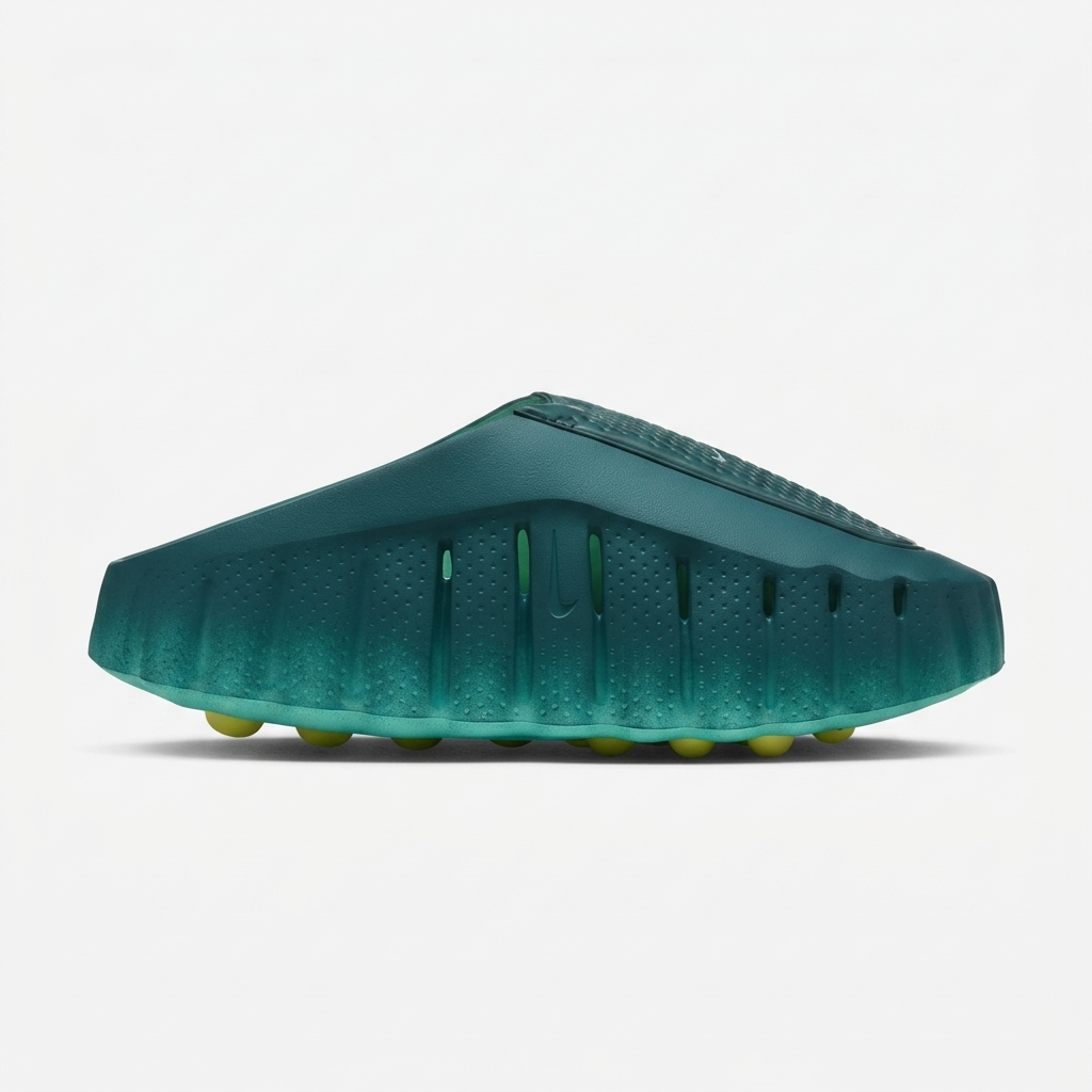 nike mind 001 slides vista lateral Vista lateral do chinelo Nike Mind 001 com degradê teal e pods amarelos